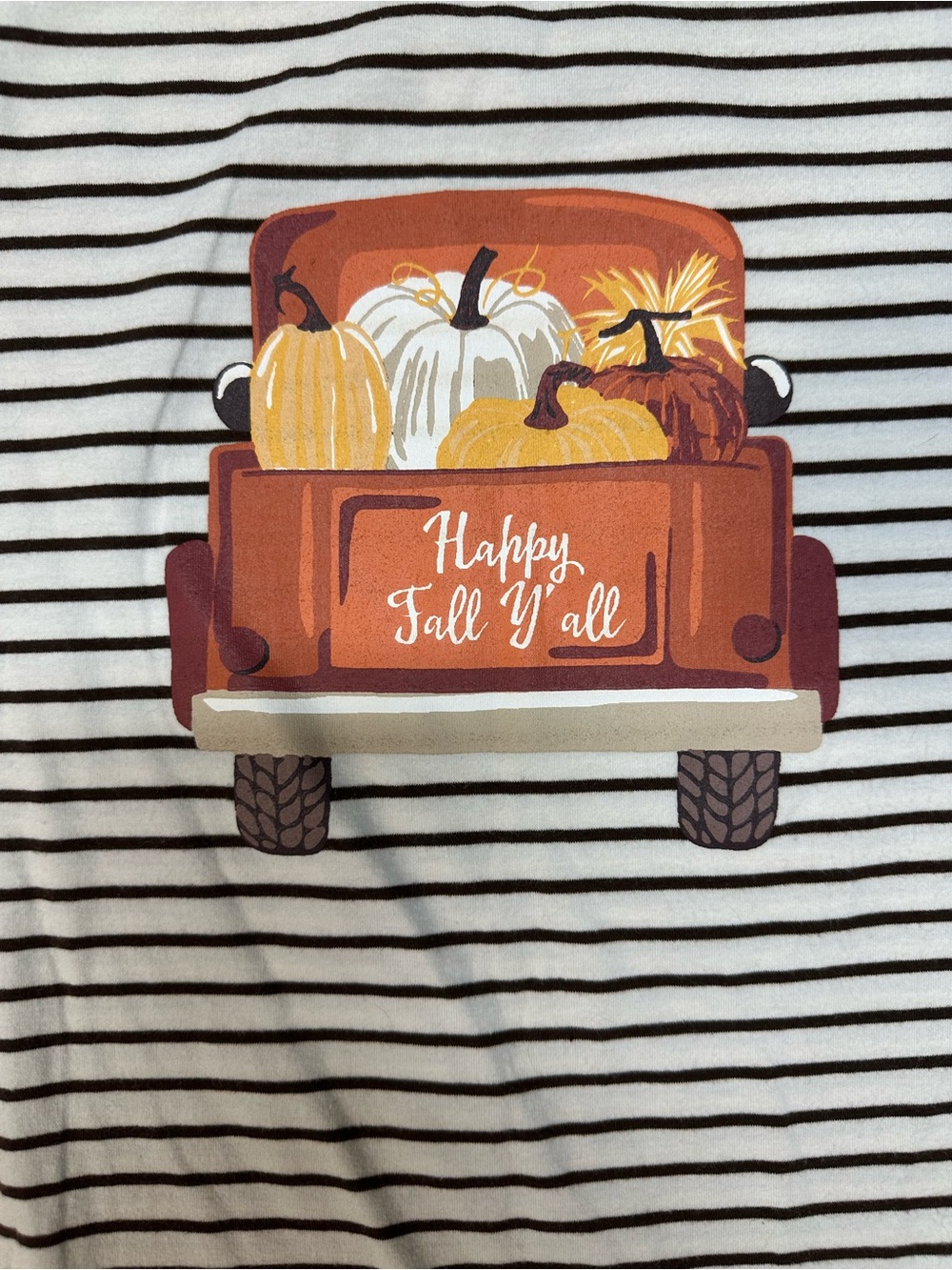 Ruby Rd. Cream & Brown Striped Long-Sleeve Tee with Pumpkin Truck Graphic Fall M